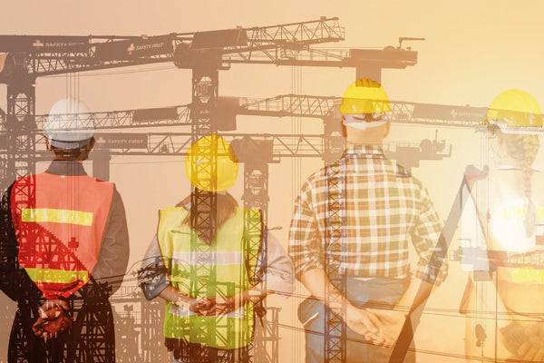 construction workers looking at cranes in the sky